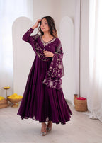 Mrunalini Faux Georgette Khatli Work Gown with Bottom & Embroidered Dupatta Set