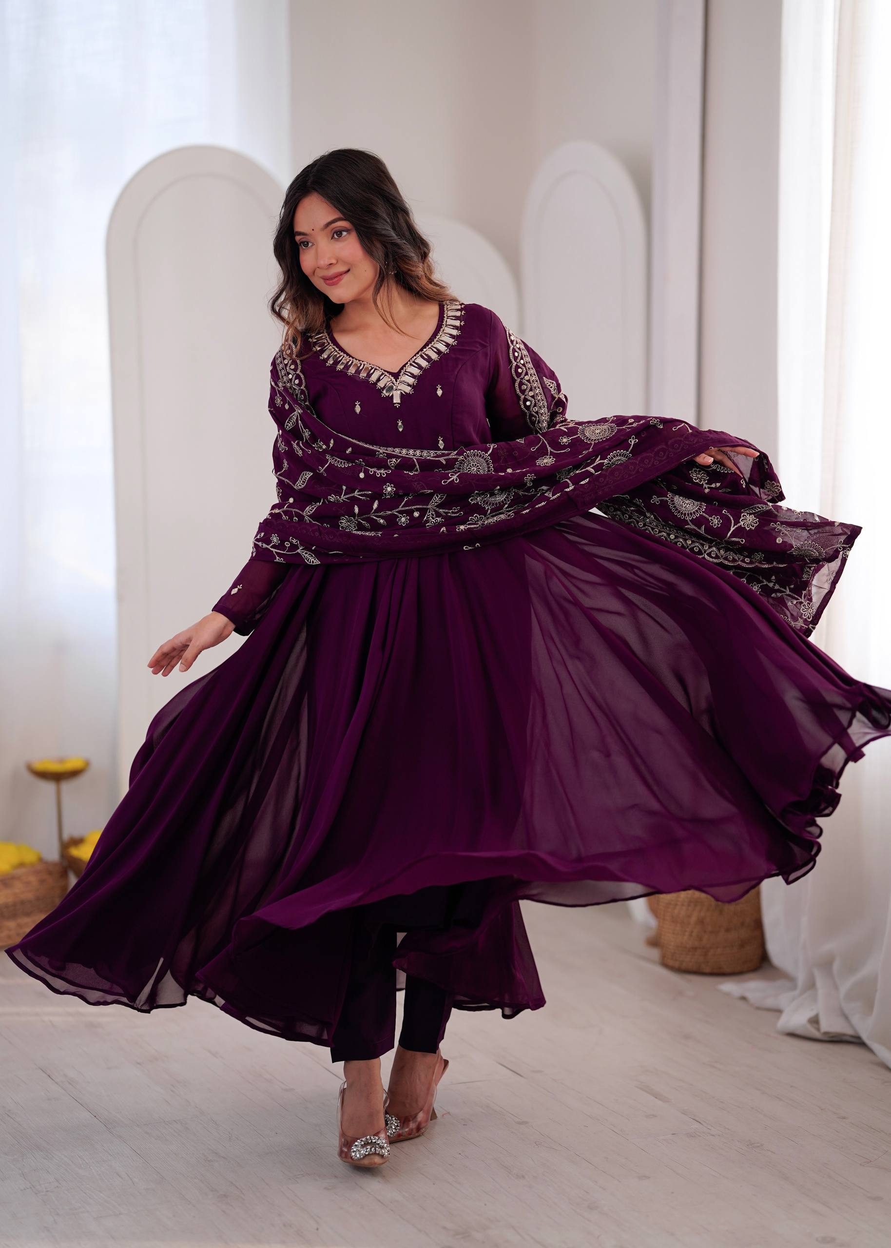 Mrunalini Faux Georgette Khatli Work Gown with Bottom & Embroidered Dupatta Set