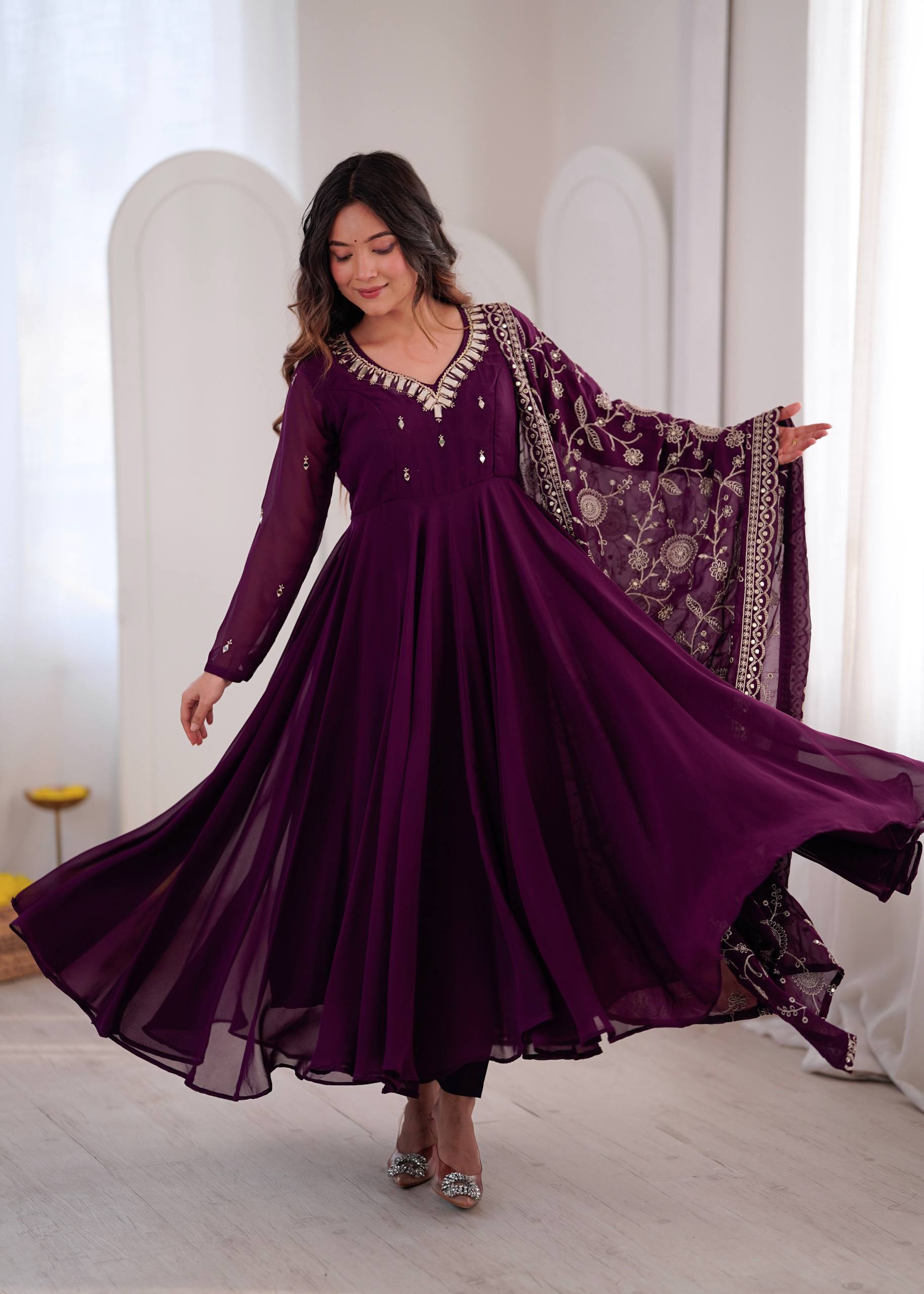 Mrunalini Faux Georgette Khatli Work Gown with Bottom & Embroidered Dupatta Set