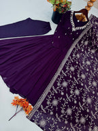 Mrunalini Faux Georgette Khatli Work Gown with Bottom & Embroidered Dupatta Set