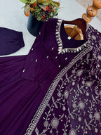 Mrunalini Faux Georgette Khatli Work Gown with Bottom & Embroidered Dupatta Set