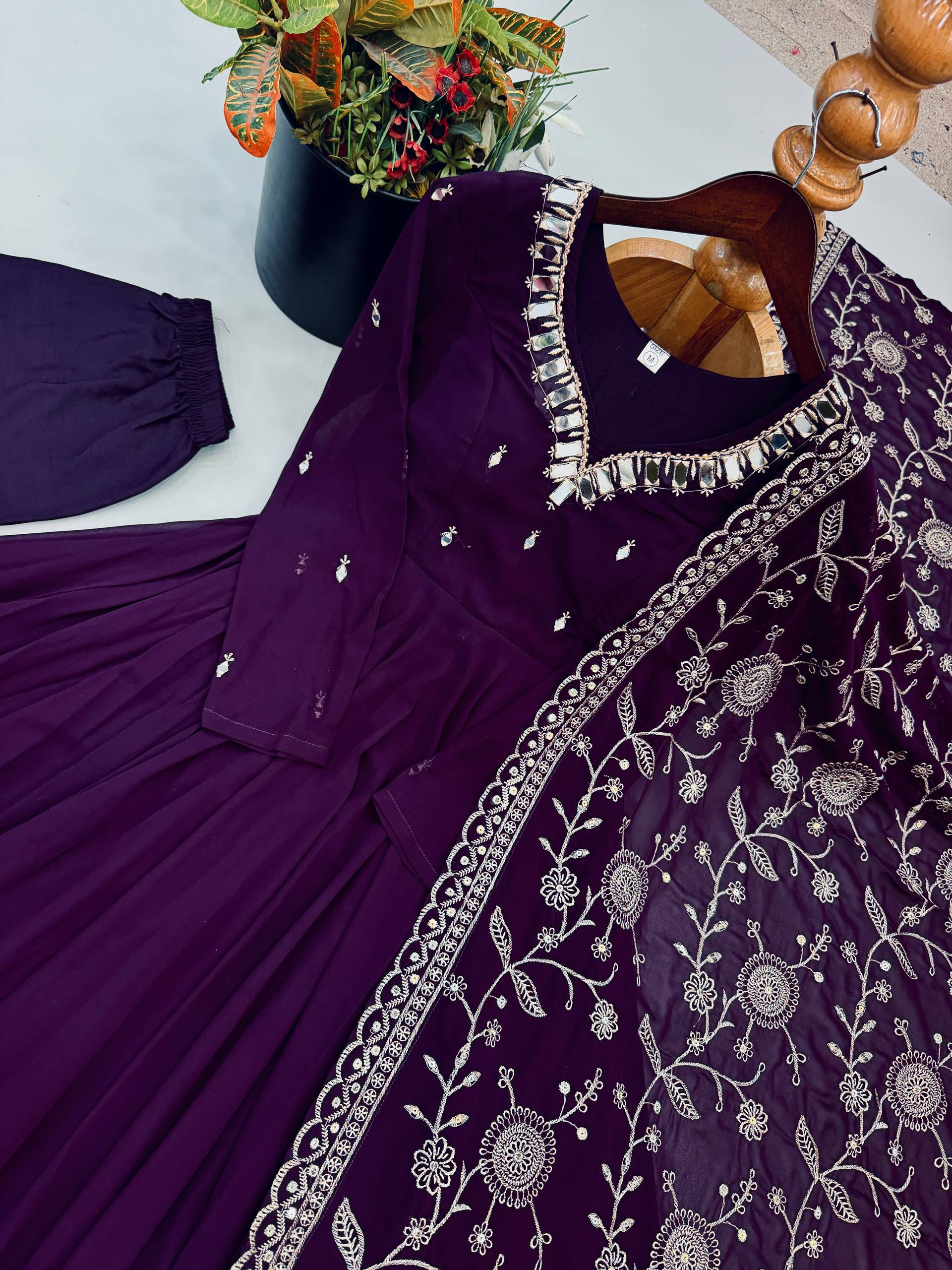 Mrunalini Faux Georgette Khatli Work Gown with Bottom & Embroidered Dupatta Set
