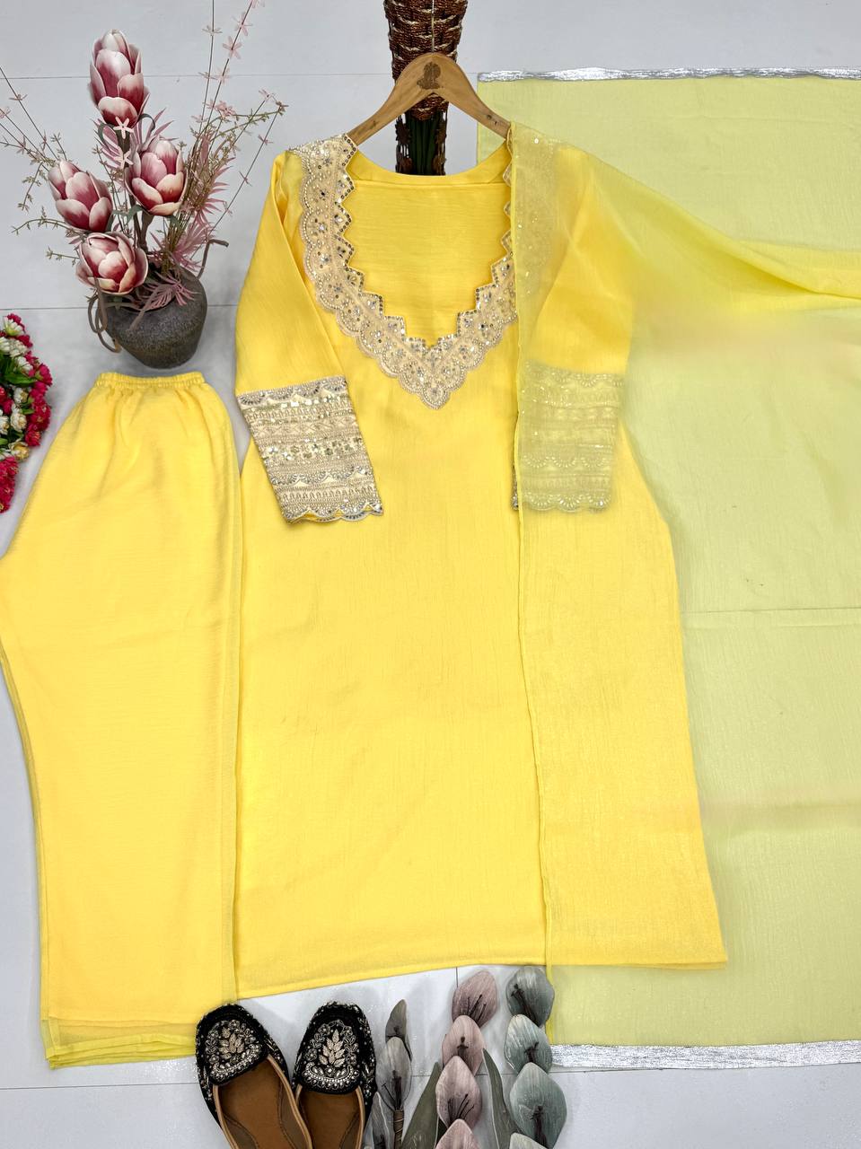Vaidehi Heavy Fendy Silk Embroidered Coding Sequins Kurti with Palazzo, Choli & Dupatta Set