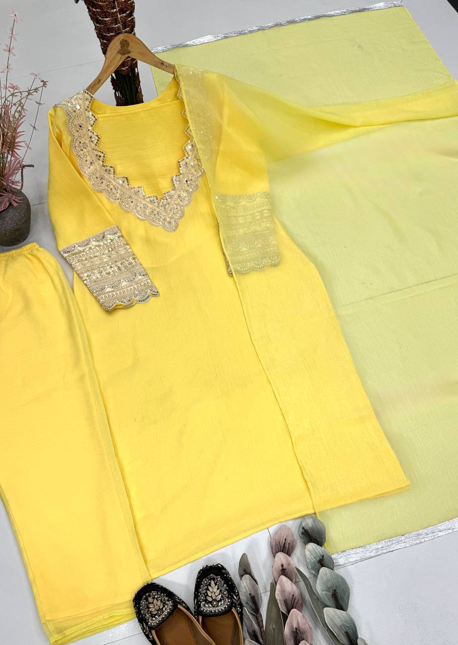 Vaidehi Heavy Fendy Silk Embroidered Coding Sequins Kurti with Palazzo, Choli & Dupatta Set