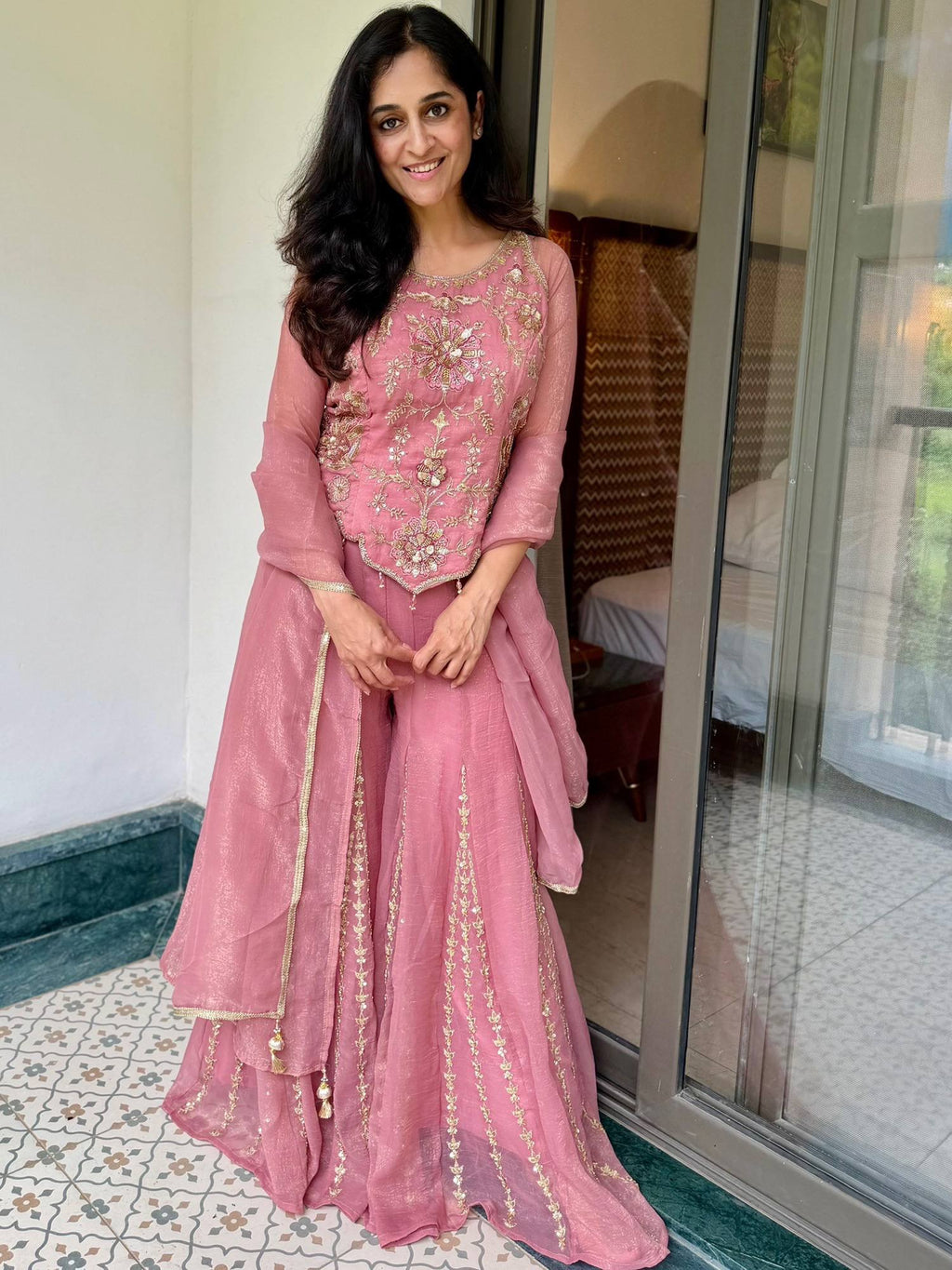 Latest Trend Fendy Silk Sharara Plazzo Suit for Women with Embroidery Codding, Sequin Work, Full Sleeve Kurta & Lace Dupatta