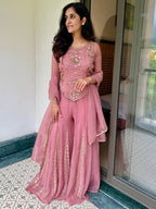 Latest Trend Fendy Silk Sharara Plazzo Suit for Women with Embroidery Codding, Sequin Work, Full Sleeve Kurta & Lace Dupatta