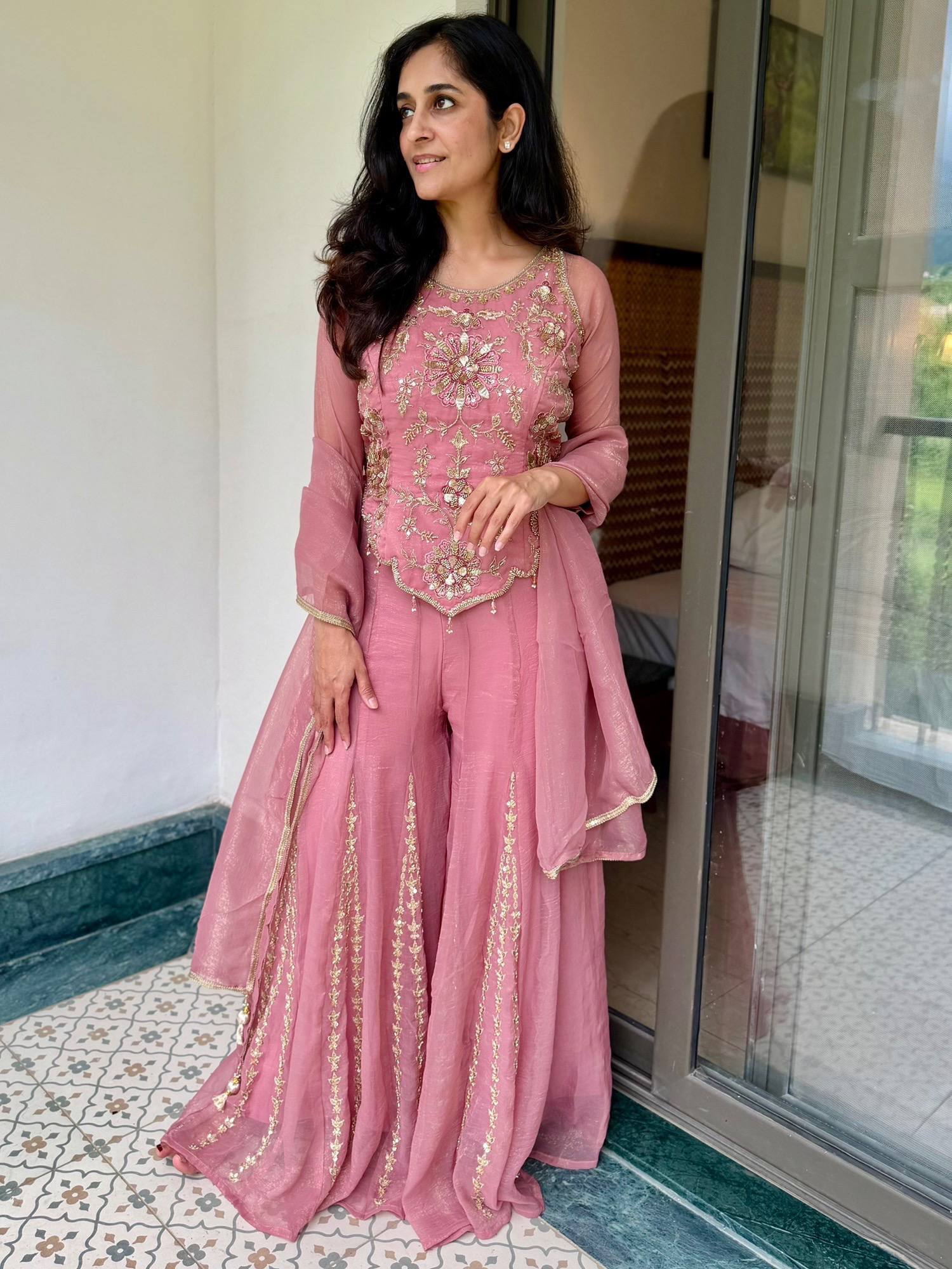 Latest Trend Fendy Silk Sharara Plazzo Suit for Women with Embroidery Codding, Sequin Work, Full Sleeve Kurta & Lace Dupatta