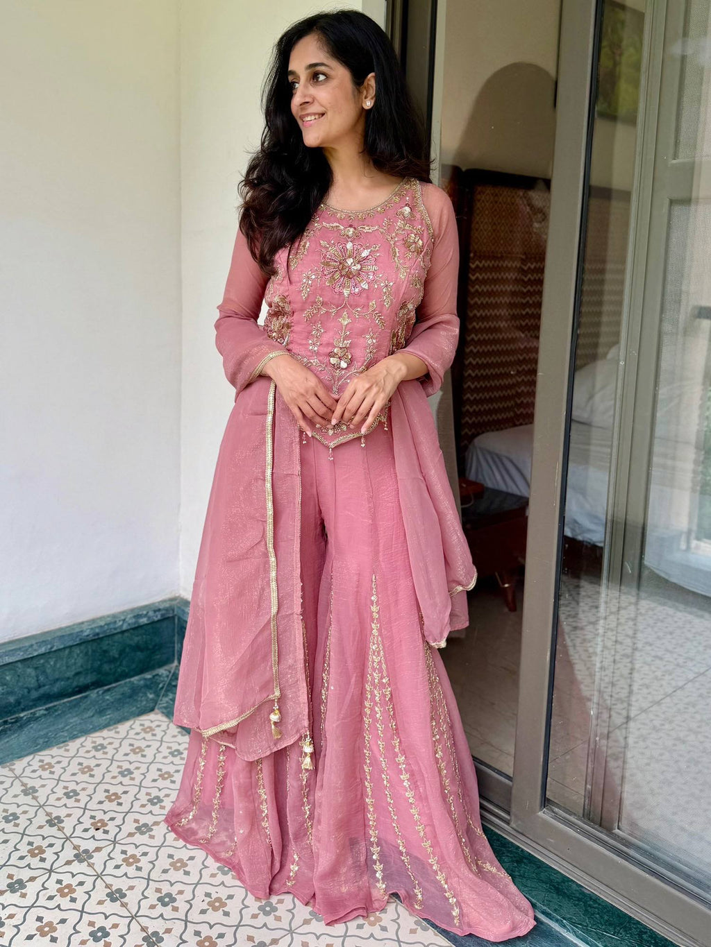 Latest Trend Fendy Silk Sharara Plazzo Suit for Women with Embroidery Codding, Sequin Work, Full Sleeve Kurta & Lace Dupatta