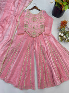 Latest Trend Fendy Silk Sharara Plazzo Suit for Women with Embroidery Codding, Sequin Work, Full Sleeve Kurta & Lace Dupatta