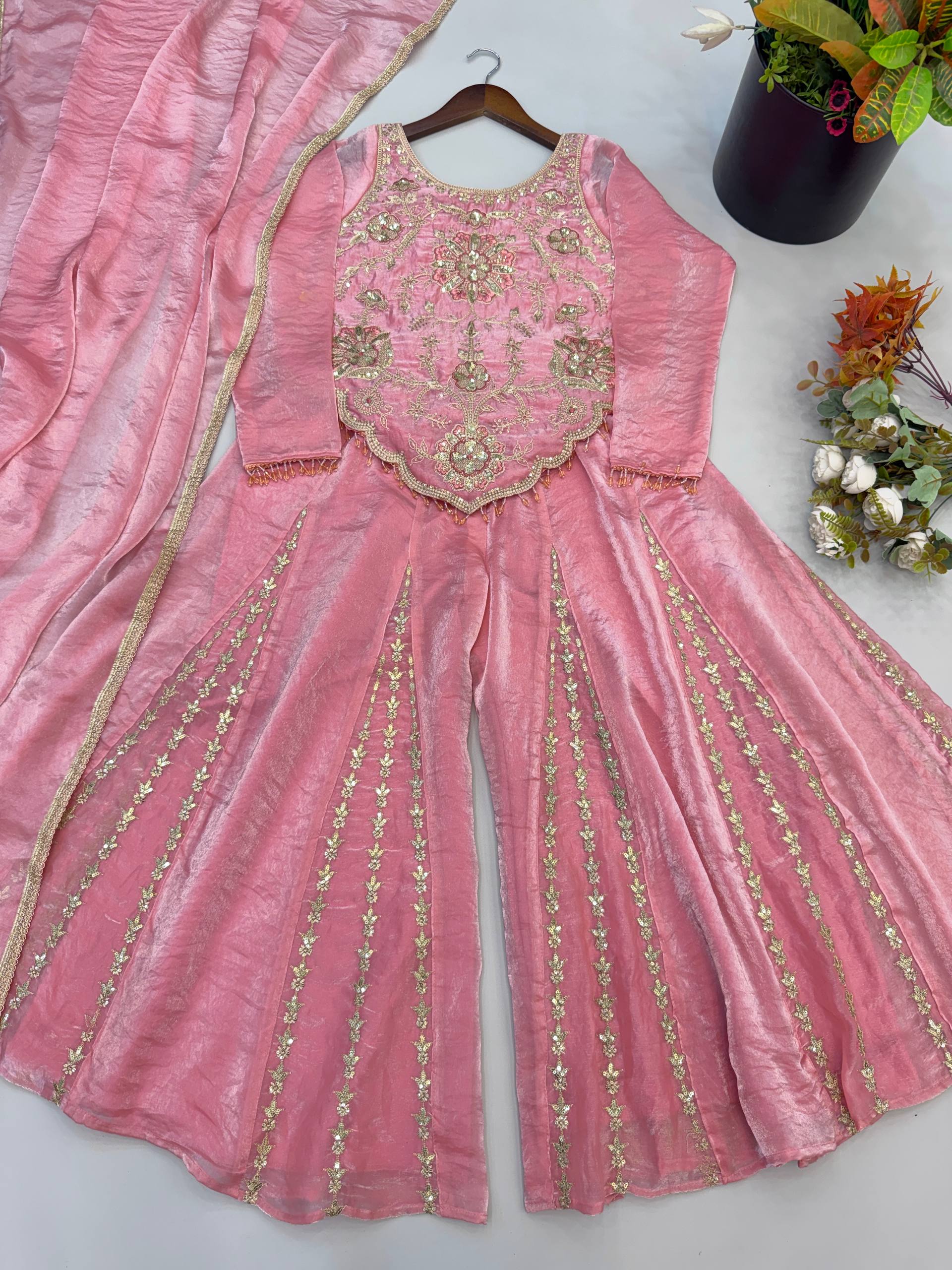 Latest Trend Fendy Silk Sharara Plazzo Suit for Women with Embroidery Codding, Sequin Work, Full Sleeve Kurta & Lace Dupatta