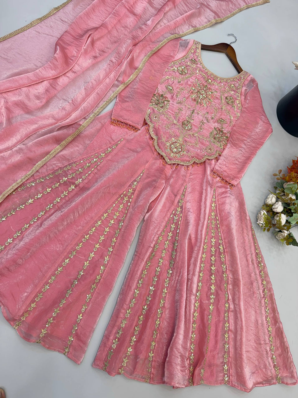 Latest Trend Fendy Silk Sharara Plazzo Suit for Women with Embroidery Codding, Sequin Work, Full Sleeve Kurta & Lace Dupatta