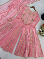 Latest Trend Fendy Silk Sharara Plazzo Suit for Women with Embroidery Codding, Sequin Work, Full Sleeve Kurta & Lace Dupatta