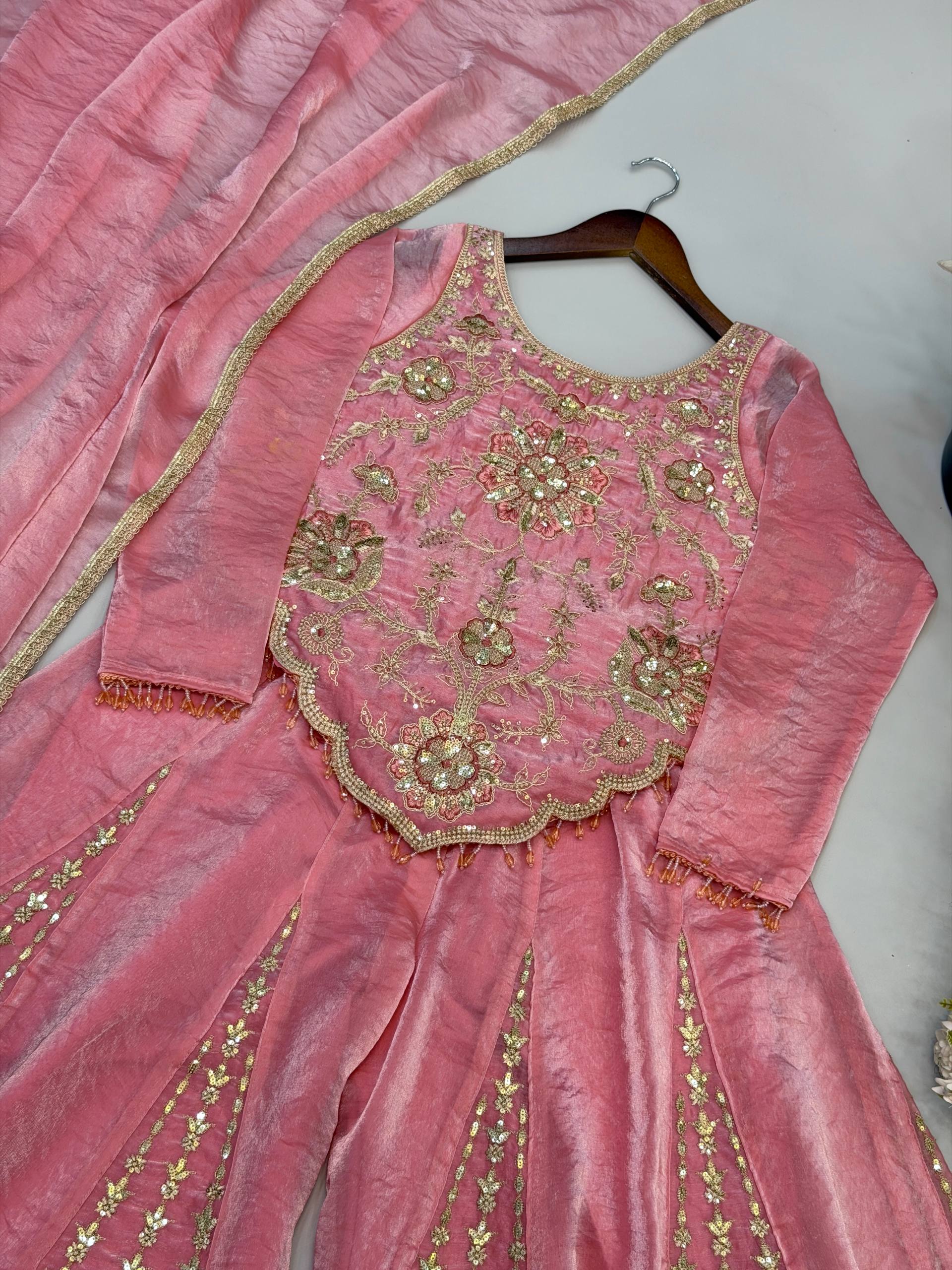 Latest Trend Fendy Silk Sharara Plazzo Suit for Women with Embroidery Codding, Sequin Work, Full Sleeve Kurta & Lace Dupatta