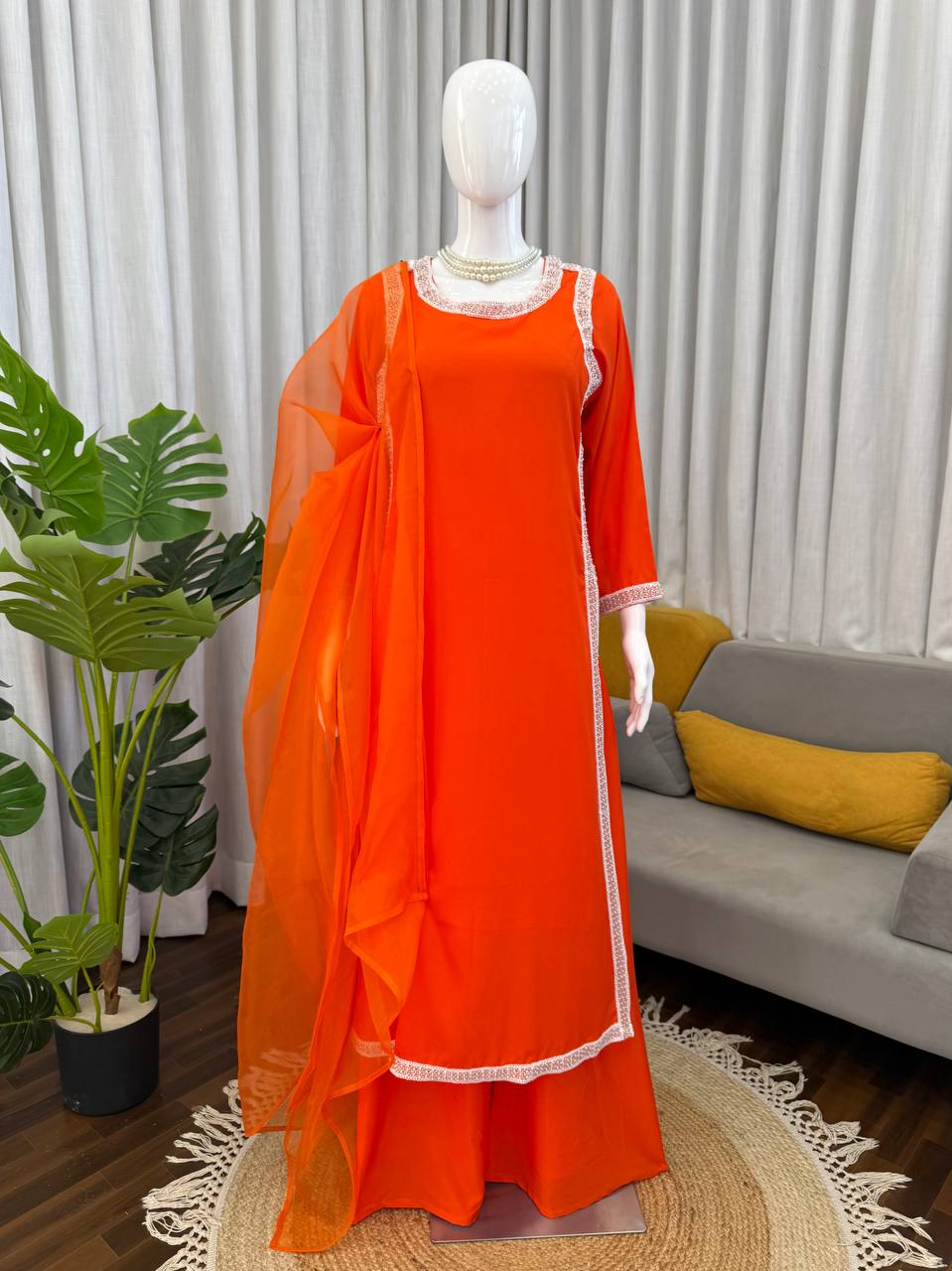 Elegant Women’s Natural Crepe Plazzo Suit with Bread Work Lace Detailing, 46-Inch Long Kurta, Stretchable Waist Plazzo & Organza Dupatta