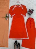 Elegant Women’s Natural Crepe Plazzo Suit with Bread Work Lace Detailing, 46-Inch Long Kurta, Stretchable Waist Plazzo & Organza Dupatta