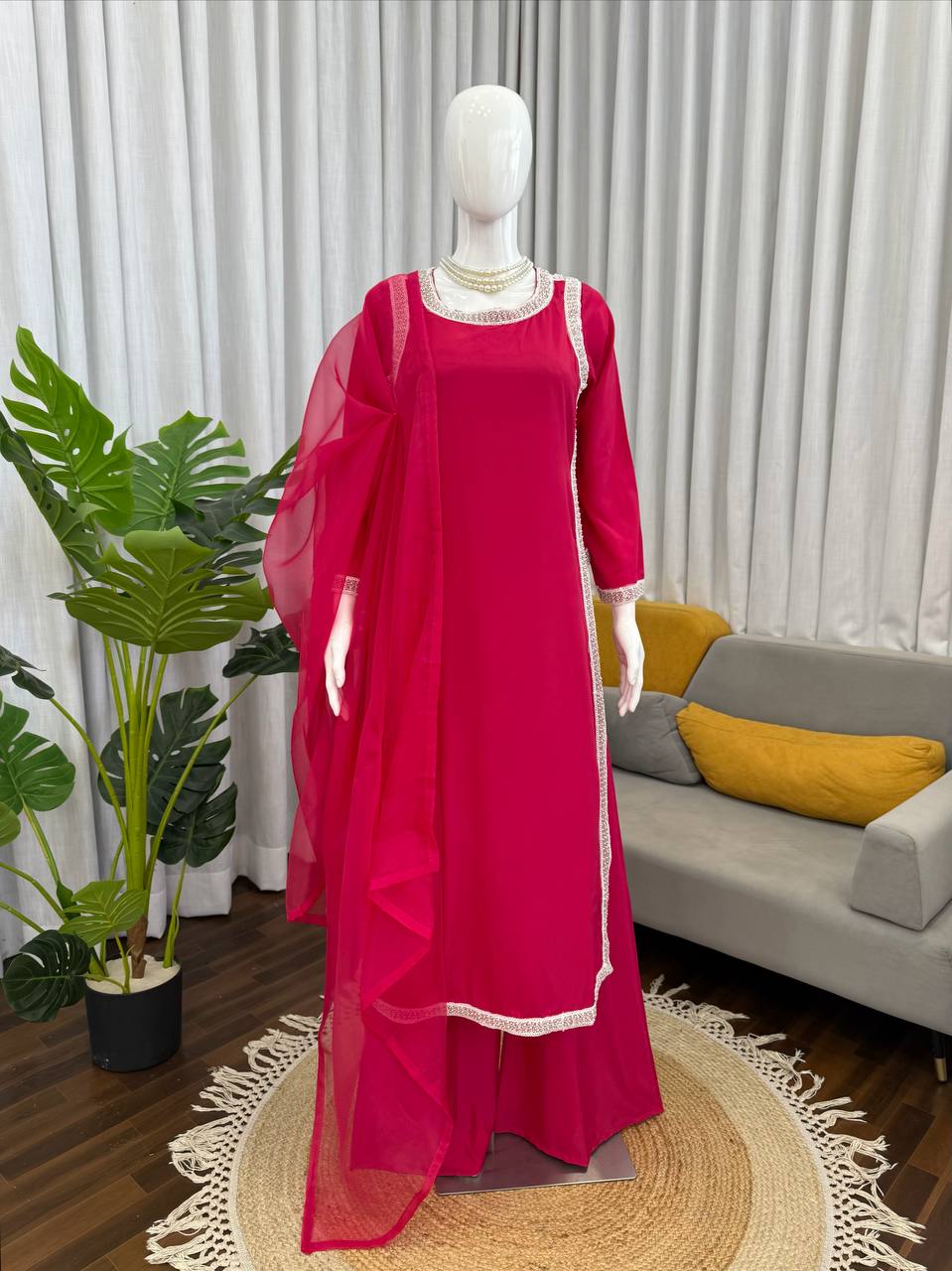 Elegant Women’s Natural Crepe Plazzo Suit with Bread Work Lace Detailing, 46-Inch Long Kurta, Stretchable Waist Plazzo & Organza Dupatta