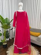 Elegant Women’s Natural Crepe Plazzo Suit with Bread Work Lace Detailing, 46-Inch Long Kurta, Stretchable Waist Plazzo & Organza Dupatta