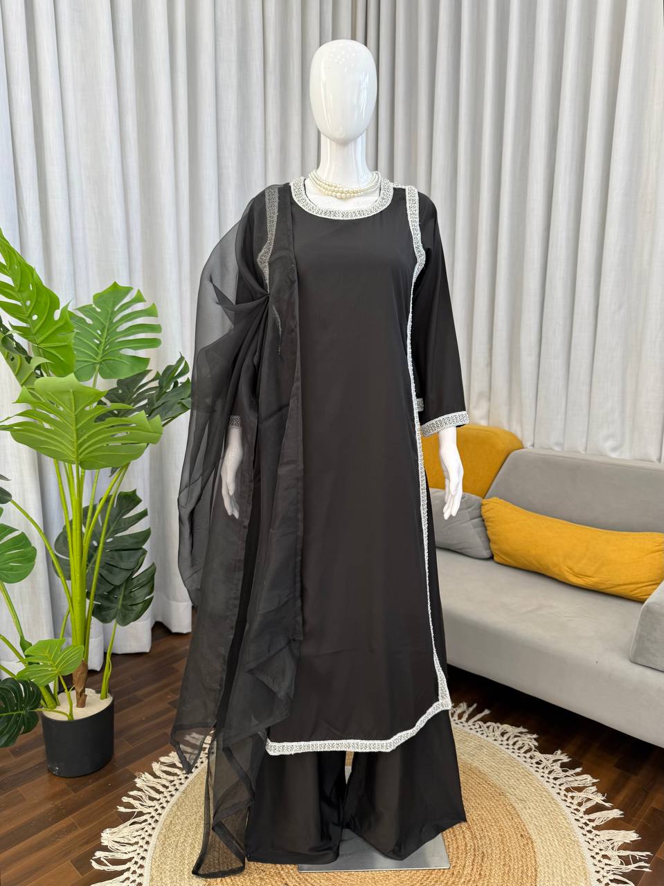 Elegant Women’s Natural Crepe Plazzo Suit with Bread Work Lace Detailing, 46-Inch Long Kurta, Stretchable Waist Plazzo & Organza Dupatta