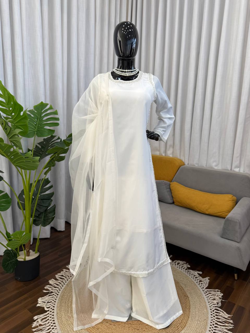 Elegant Women’s Natural Crepe Plazzo Suit with Bread Work Lace Detailing, 46-Inch Long Kurta, Stretchable Waist Plazzo & Organza Dupatta
