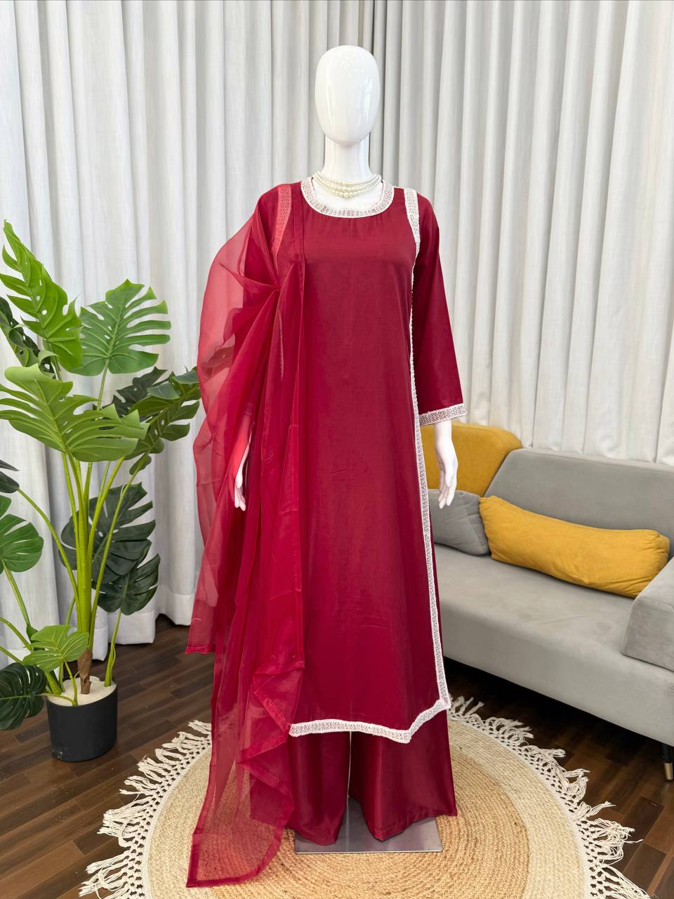 Elegant Women’s Natural Crepe Plazzo Suit with Bread Work Lace Detailing, 46-Inch Long Kurta, Stretchable Waist Plazzo & Organza Dupatta