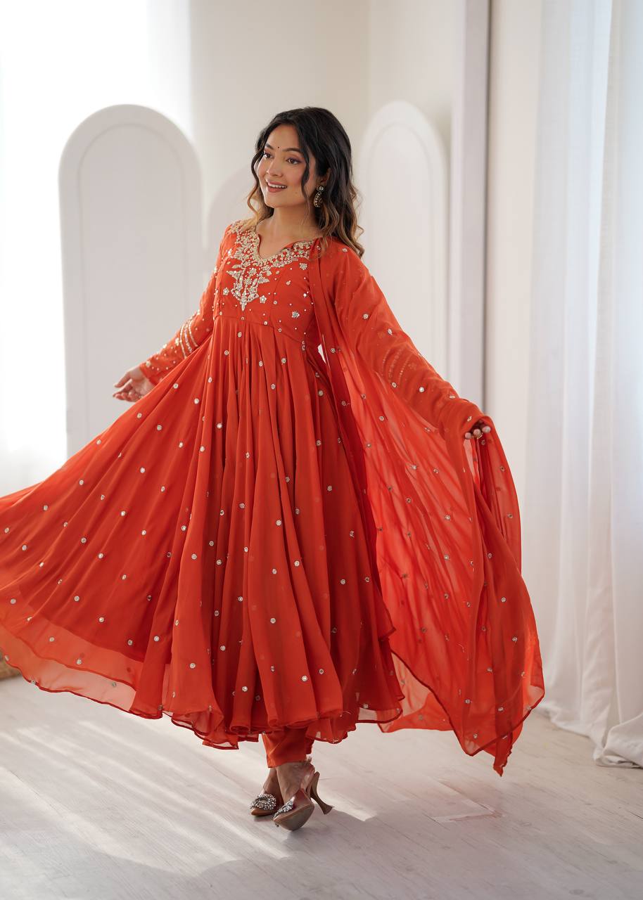 Noorelle Luxe Designer 7 Meter Flared Faux Georgette Gown with Dupatta