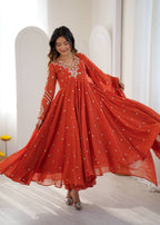Noorelle Luxe Designer 7 Meter Flared Faux Georgette Gown with Dupatta