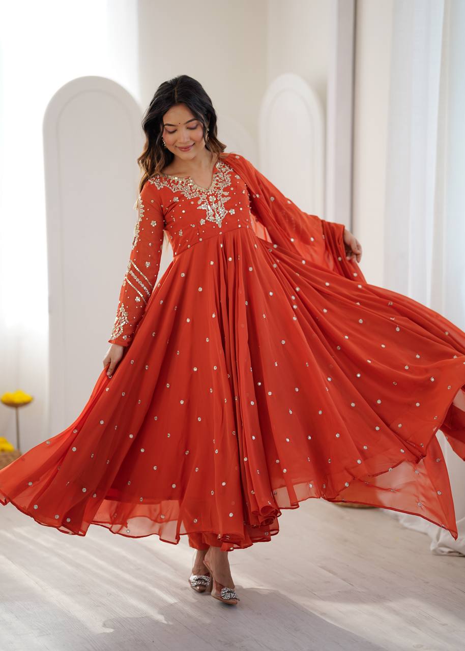 Noorelle Luxe Designer 7 Meter Flared Faux Georgette Gown with Dupatta