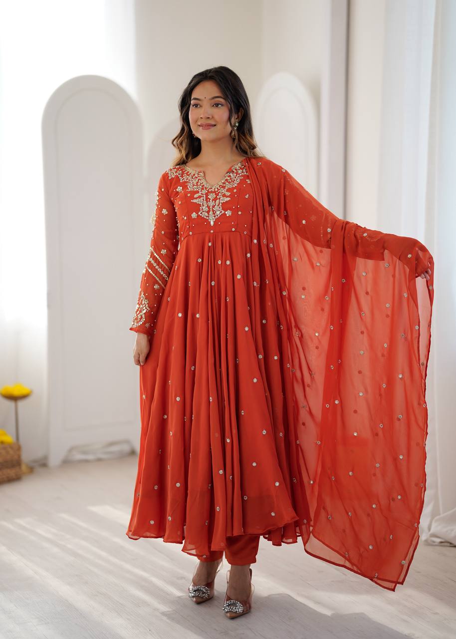 Noorelle Luxe Designer 7 Meter Flared Faux Georgette Gown with Dupatta