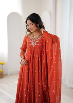 Noorelle Luxe Designer 7 Meter Flared Faux Georgette Gown with Dupatta
