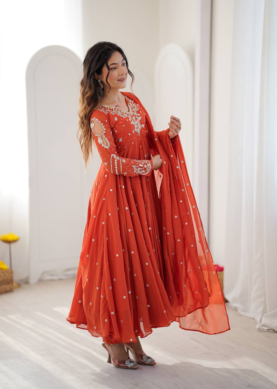 Noorelle Luxe Designer 7 Meter Flared Faux Georgette Gown with Dupatta