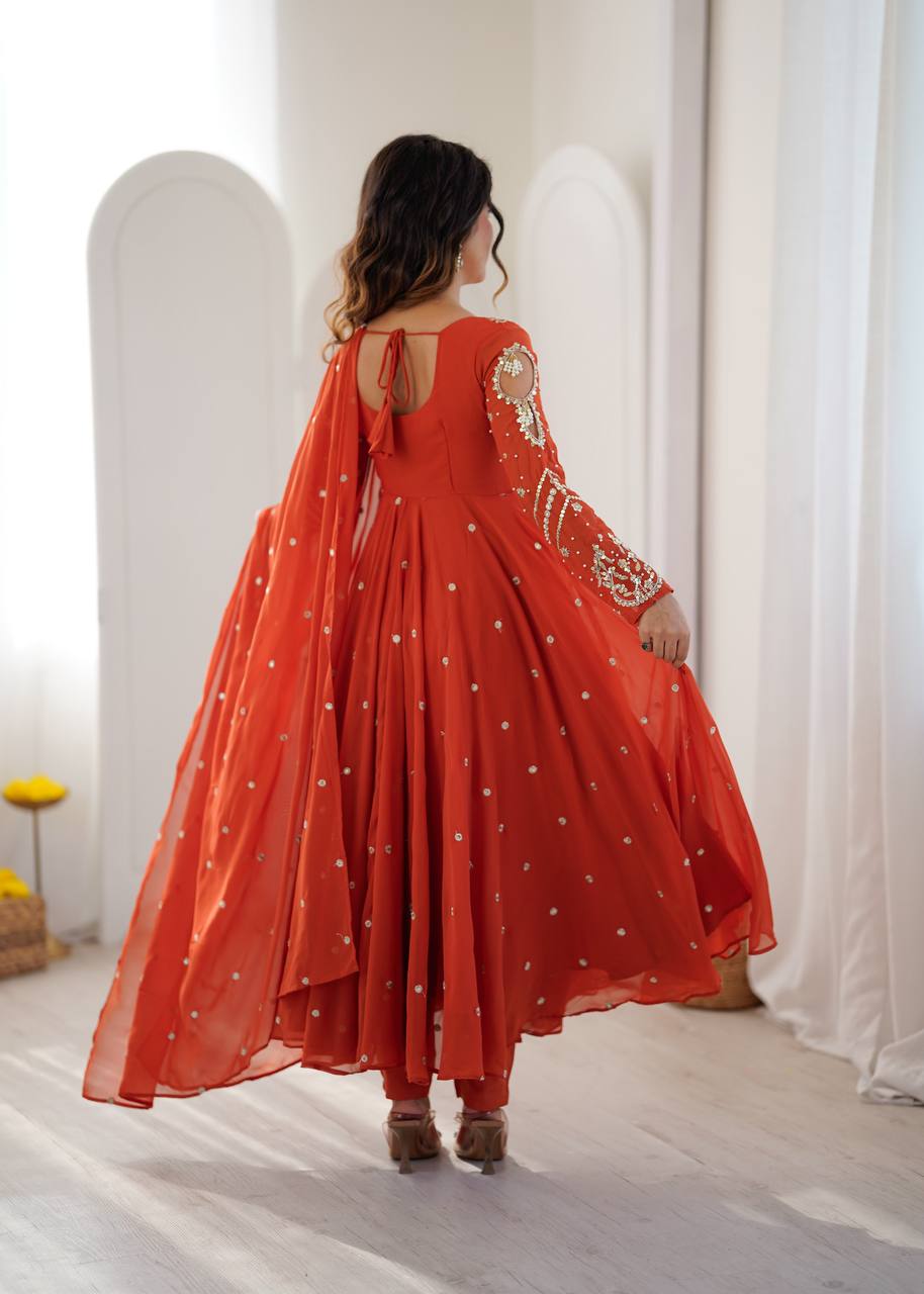Noorelle Luxe Designer 7 Meter Flared Faux Georgette Gown with Dupatta