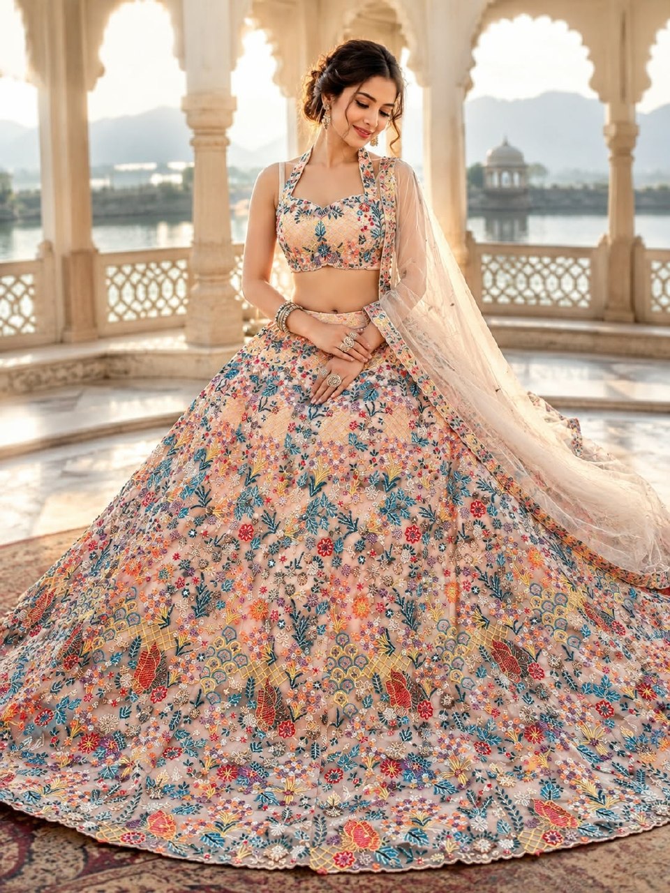 Designer Multi-Thread Embroidered Soft Net Lehenga Choli Set with Voluminous Flared Skirt