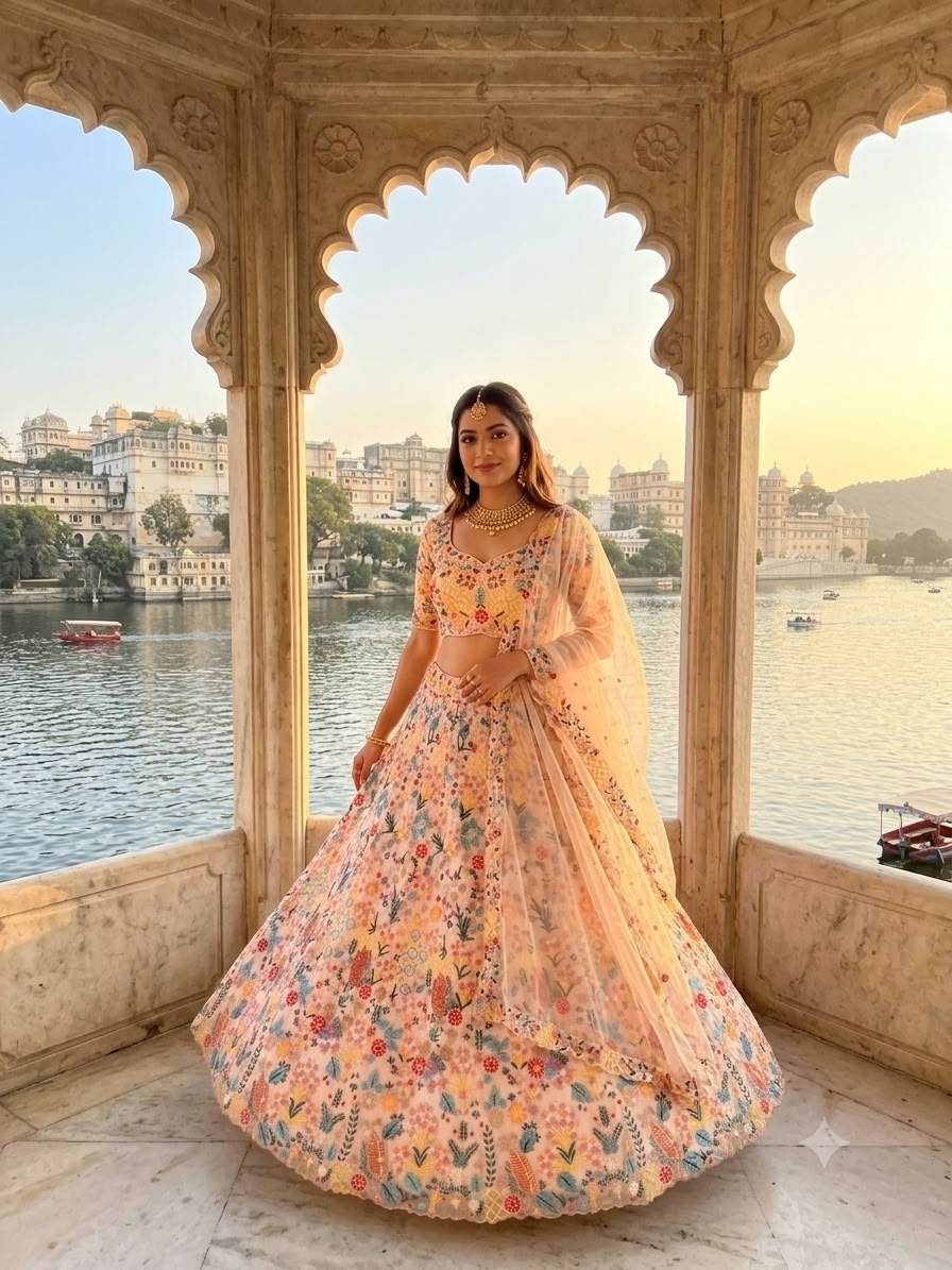 Designer Multi-Thread Embroidered Soft Net Lehenga Choli Set with Voluminous Flared Skirt