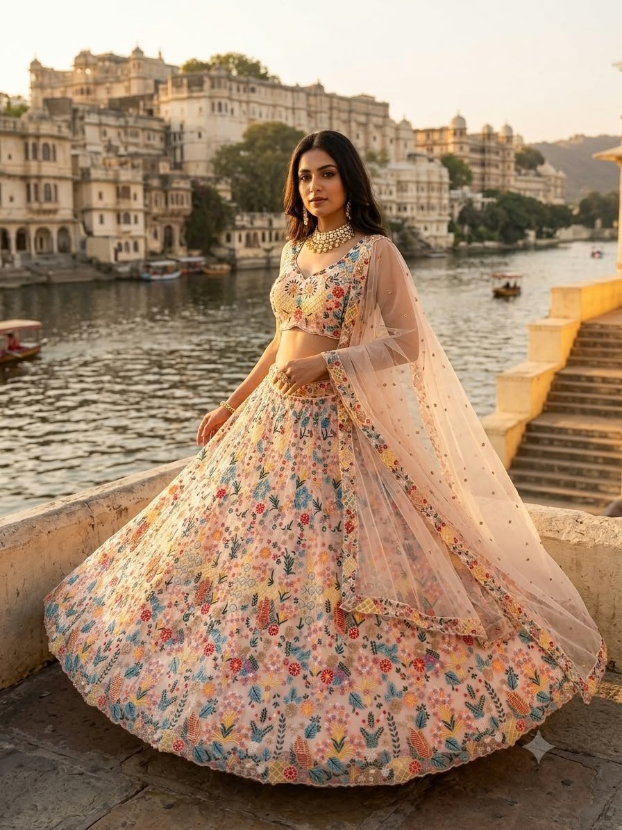 Designer Multi-Thread Embroidered Soft Net Lehenga Choli Set with Voluminous Flared Skirt