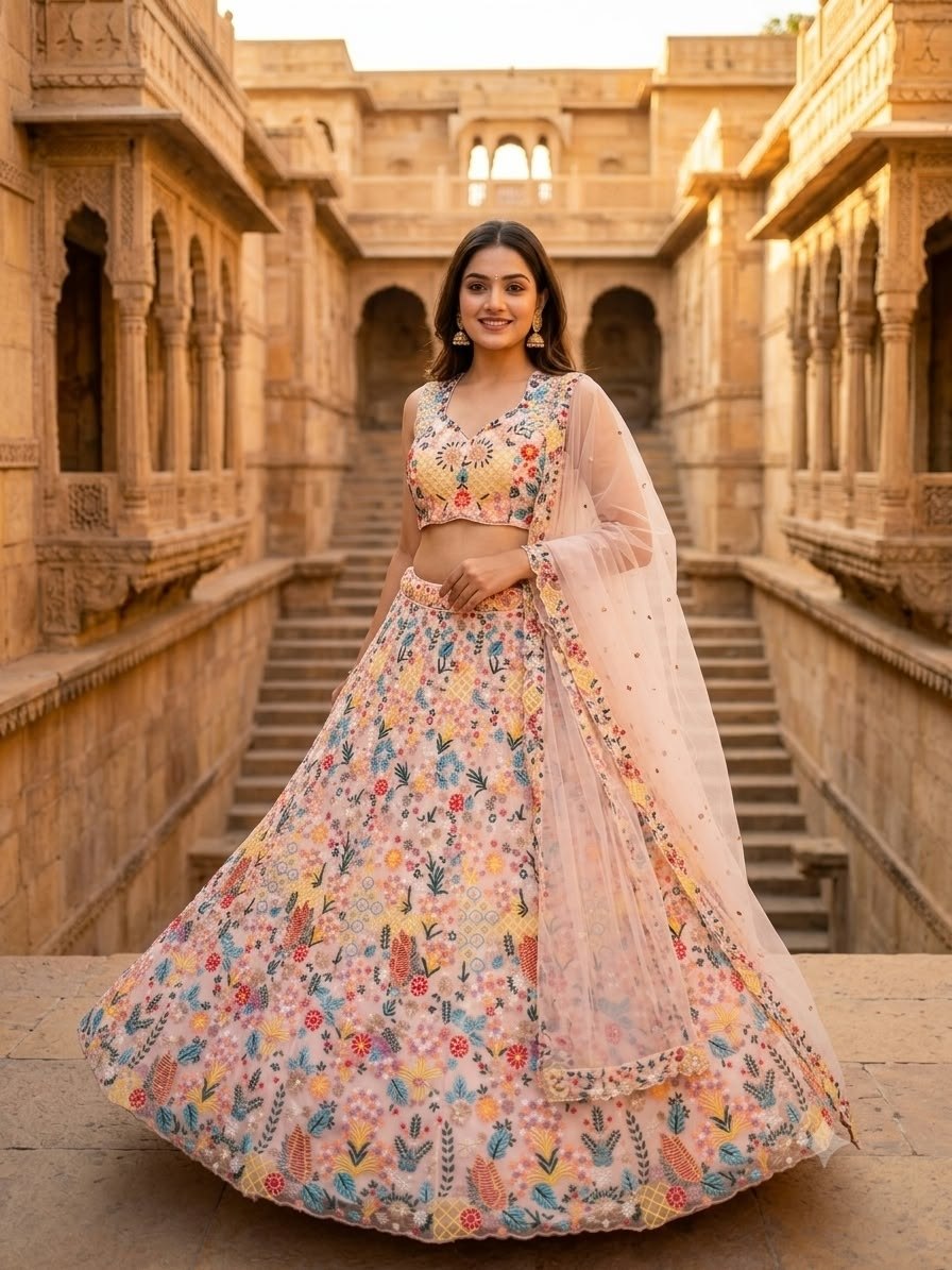 Designer Multi-Thread Embroidered Soft Net Lehenga Choli Set with Voluminous Flared Skirt