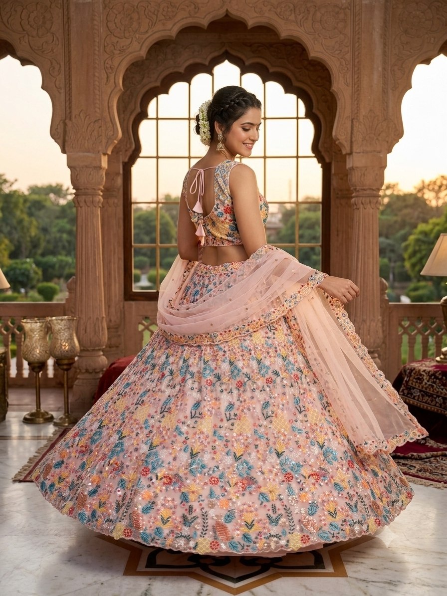 Designer Multi-Thread Embroidered Soft Net Lehenga Choli Set with Voluminous Flared Skirt