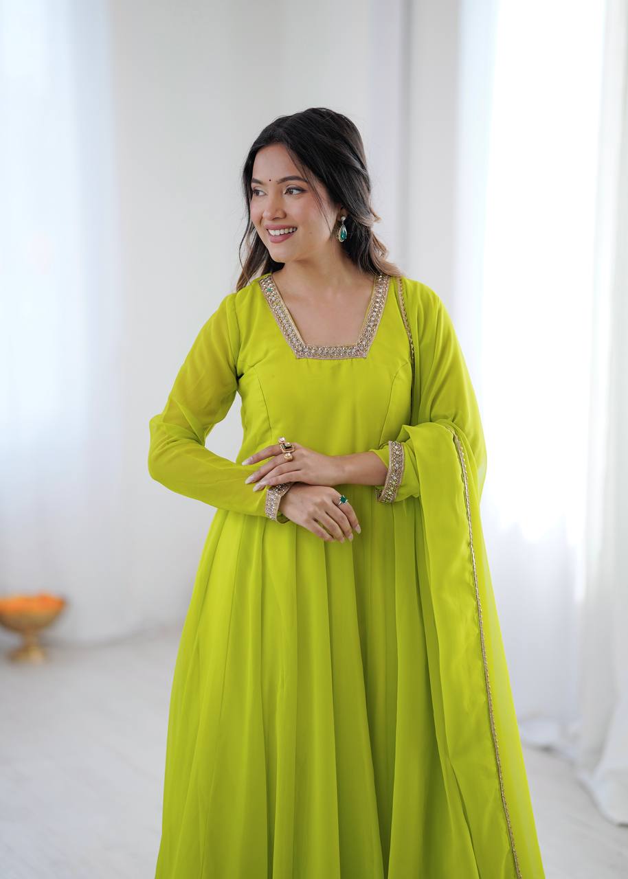 Aarika Heavy Faux Georgette Kali Cut Gown with Pant & Lace Border Dupatta