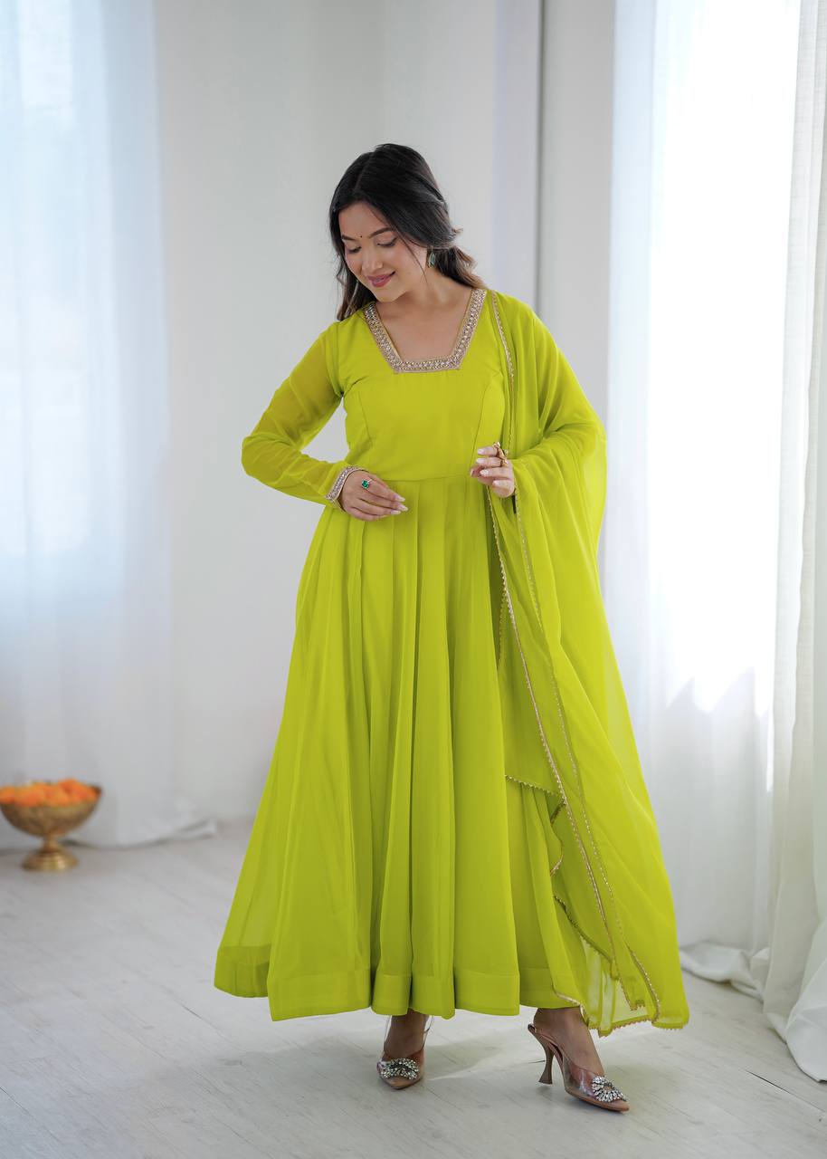 Aarika Heavy Faux Georgette Kali Cut Gown with Pant & Lace Border Dupatta