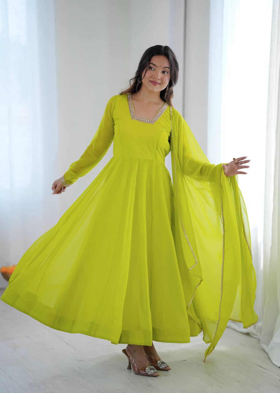 Aarika Heavy Faux Georgette Kali Cut Gown with Pant & Lace Border Dupatta