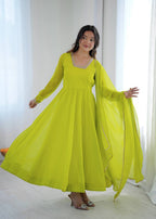 Aarika Heavy Faux Georgette Kali Cut Gown with Pant & Lace Border Dupatta