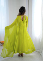 Aarika Heavy Faux Georgette Kali Cut Gown with Pant & Lace Border Dupatta