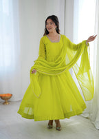 Aarika Heavy Faux Georgette Kali Cut Gown with Pant & Lace Border Dupatta