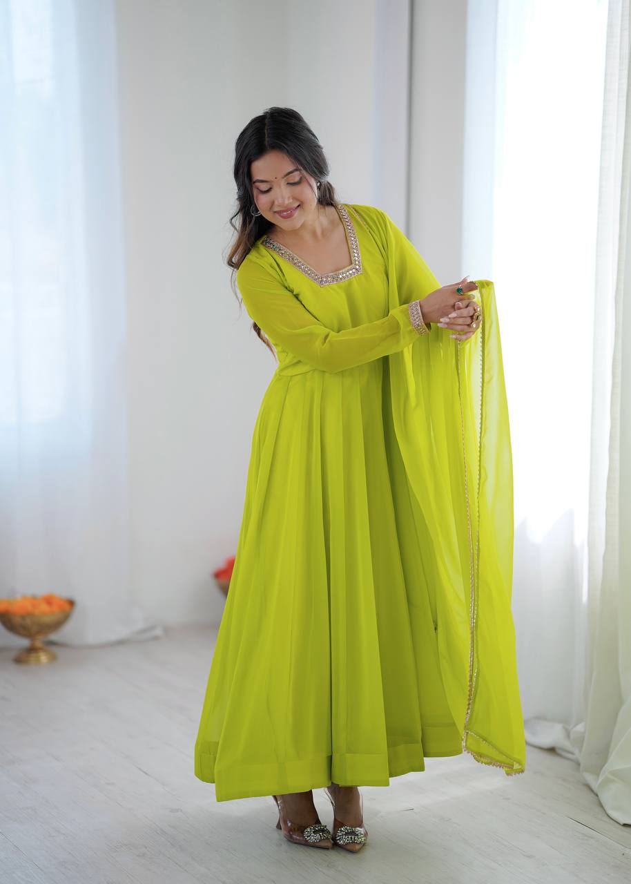 Aarika Heavy Faux Georgette Kali Cut Gown with Pant & Lace Border Dupatta