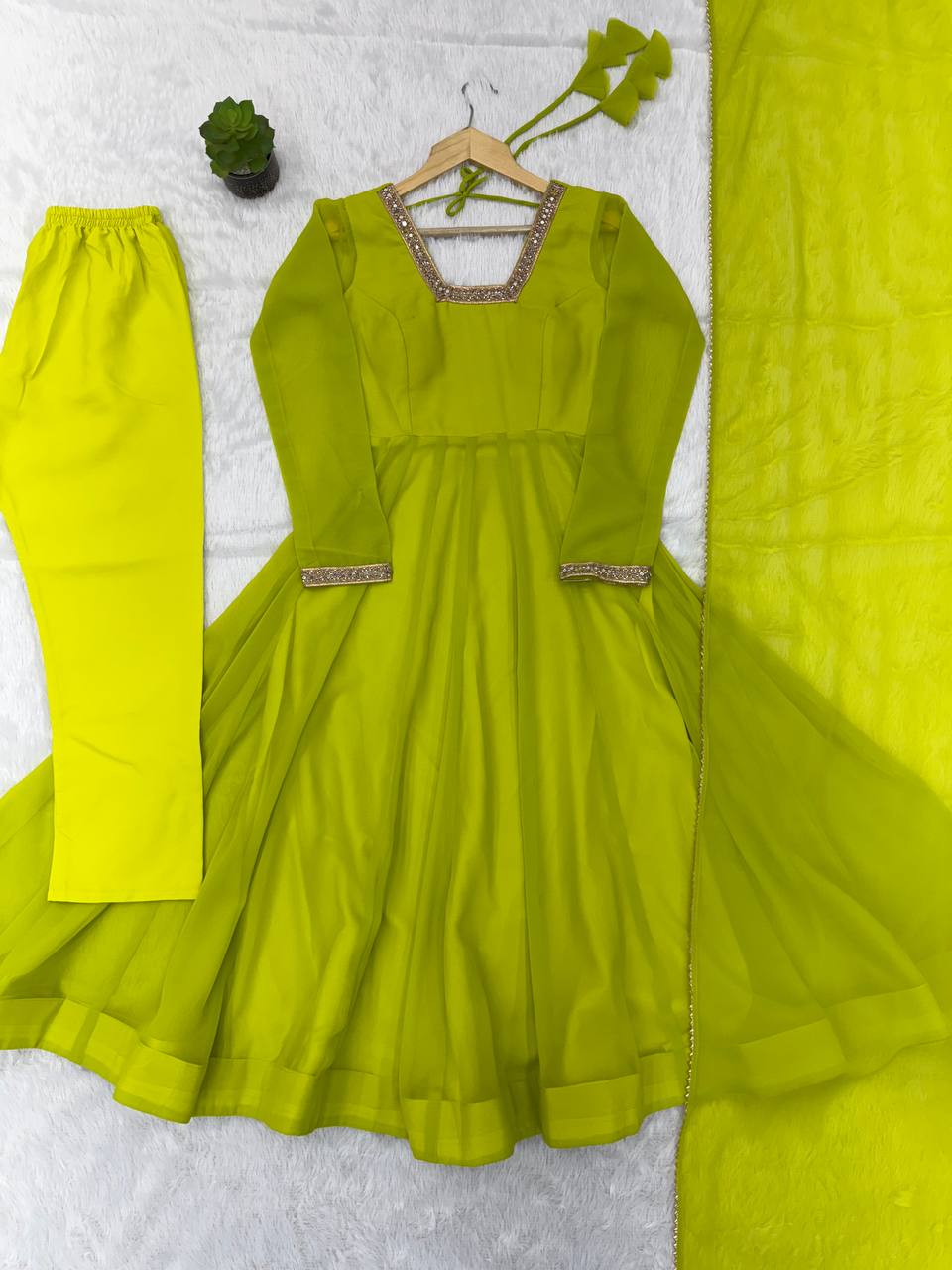 Aarika Heavy Faux Georgette Kali Cut Gown with Pant & Lace Border Dupatta