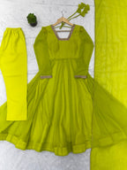 Aarika Heavy Faux Georgette Kali Cut Gown with Pant & Lace Border Dupatta