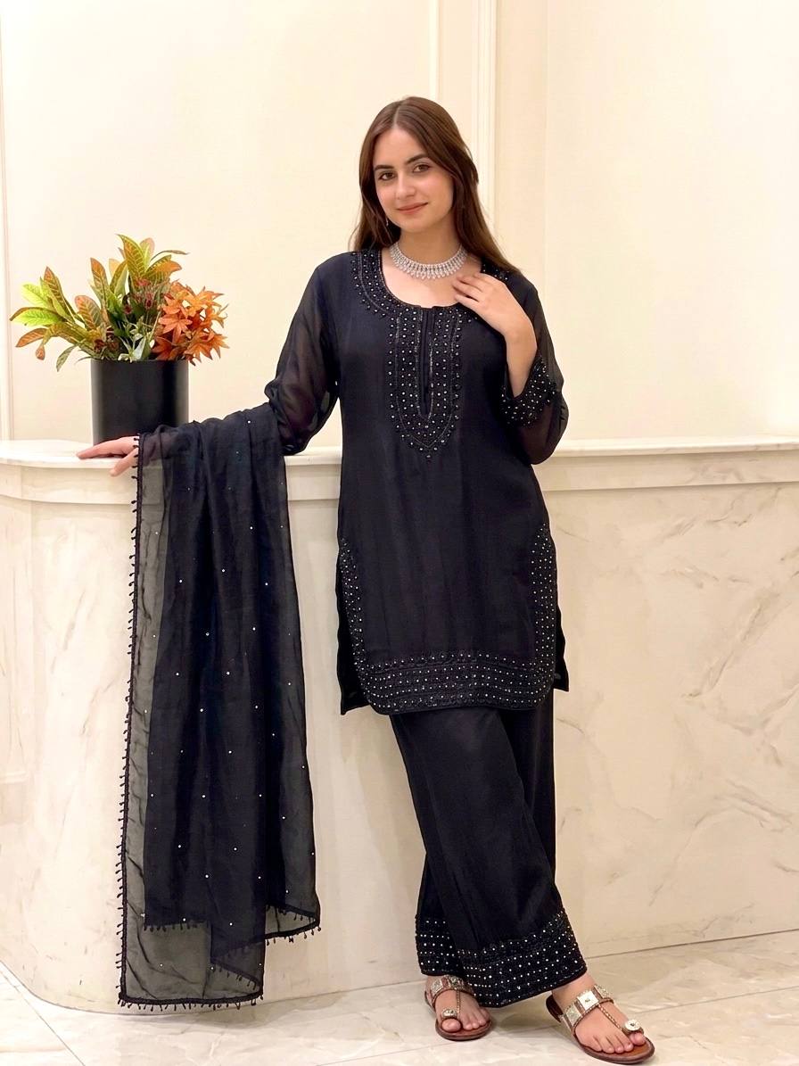 Heavy Fandy Silk Suit with Embroidery Beads Work & Moti Dupatta