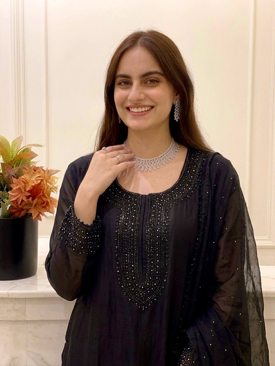 Heavy Fandy Silk Suit with Embroidery Beads Work & Moti Dupatta