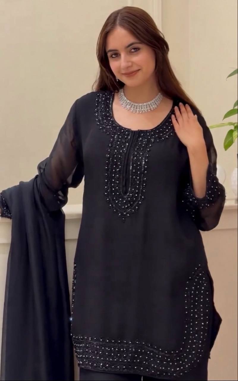 Heavy Fandy Silk Suit with Embroidery Beads Work & Moti Dupatta