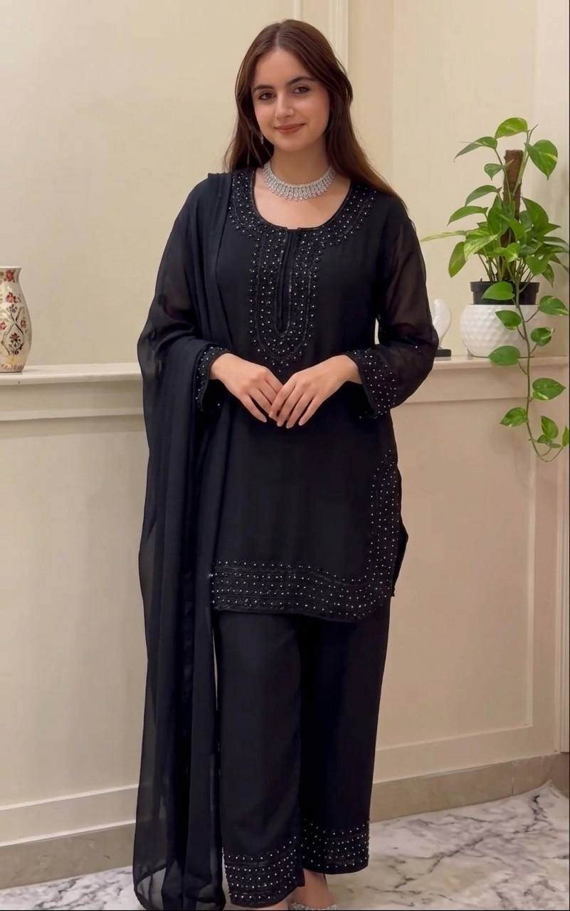 Heavy Fandy Silk Suit with Embroidery Beads Work & Moti Dupatta