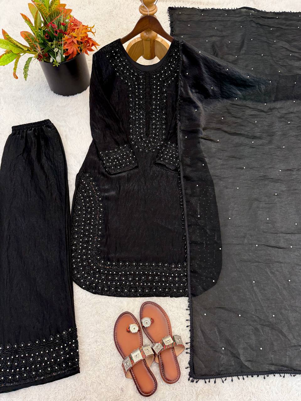 Heavy Fandy Silk Suit with Embroidery Beads Work & Moti Dupatta
